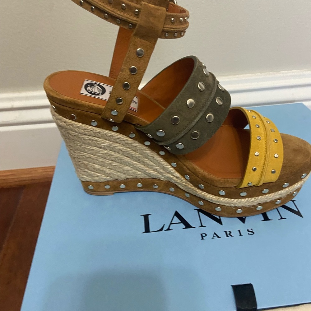 Lanvin Yellow and Brown Espadrille Wedges